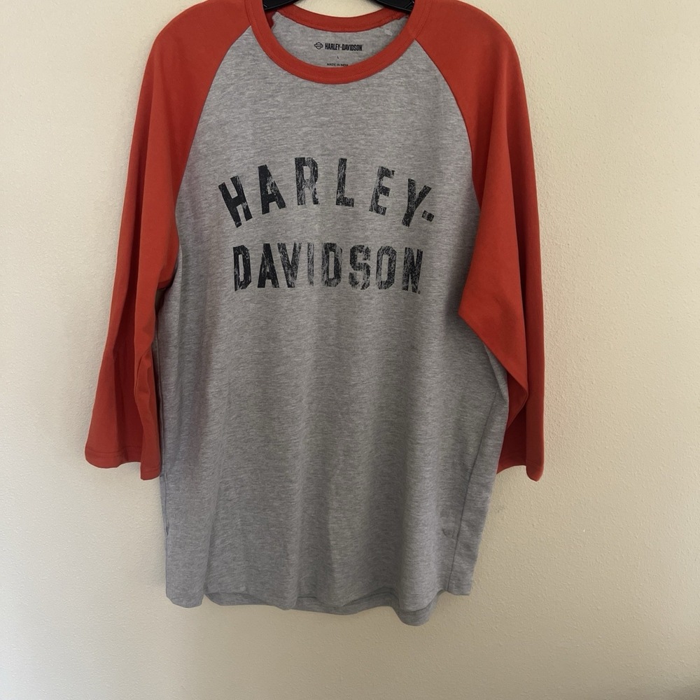Harley Davidson Raglan T Shirt Mens Large Grey Orange 3/4 Sleeve Biker Graphic